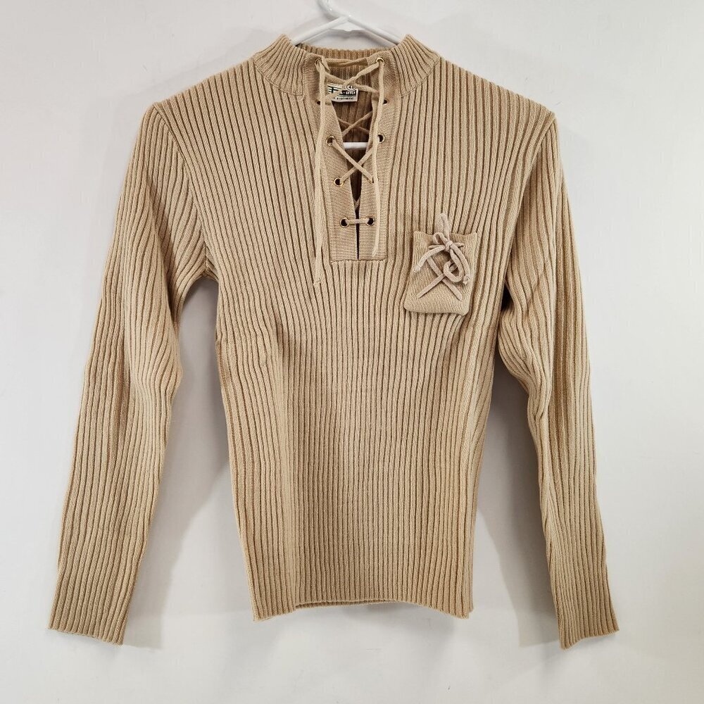 Vintage Tan Ribbed Sweater with Lace Up Details Europa Style
